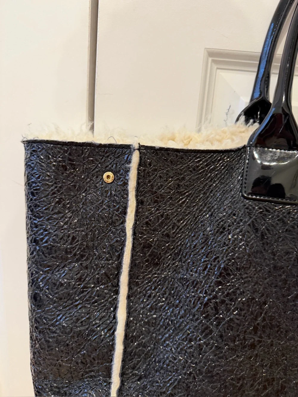 Tory Burch Black Patent Leather & Shearling Large Tote Bag